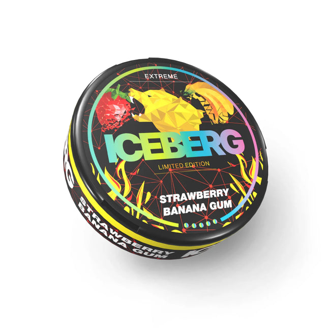 Iceberg Extreme Strawberry Banana Gum container on a white background